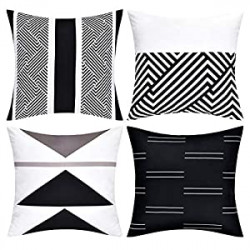 Set of 4 Throw Cushion Cover for Bed Couch Sofa Office Decor, 18 × 18 Inches, Black and White