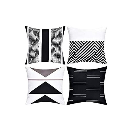 Set of 4 Throw Cushion Cover for Bed Couch Sofa Office Decor, 18 × 18 Inches, Black and White