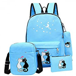 4Pcs Cute Cat Prints Canvas Primary School Bag