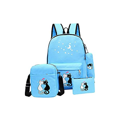 4Pcs Cute Cat Prints Canvas Primary School Bag