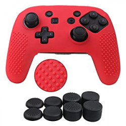 Silicone Cover Skin Case for Switch Pro Controller x 1(red) with Pro Thumb Grips x 8
