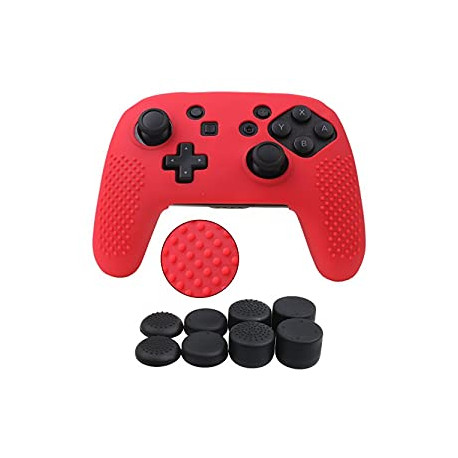 Silicone Cover Skin Case for Switch Pro Controller x 1(red) with Pro Thumb Grips x 8