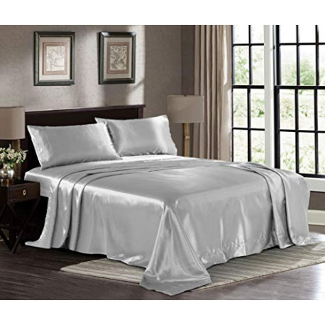 Satin Sheets King [4-Piece, Grey] Hotel Luxury Silky Bed Sheets