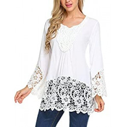 Womens Casual V Neck Loose Top Flare Sleeve Lace Splice Blouse Shirt Tops S-XXL