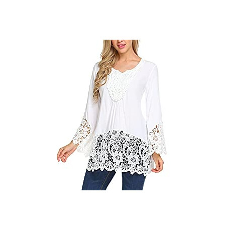 Womens Casual V Neck Loose Top Flare Sleeve Lace Splice Blouse Shirt Tops S-XXL