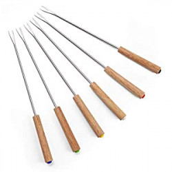 Set of 6 Stainless Steel Fondue Forks Wood Handle Heat Resistant 9.5 Inches
