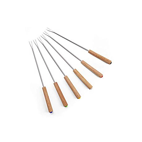 Set of 6 Stainless Steel Fondue Forks Wood Handle Heat Resistant 9.5 Inches