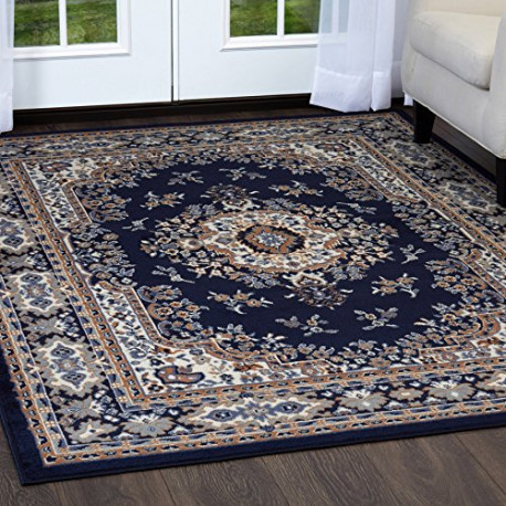 Area Rug 5'2"x7'4" Medallion Navy Blue Brown Ivory