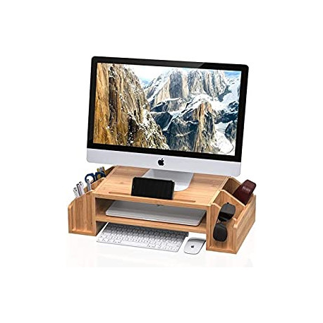 Bamboo 2-TIier Monitor Riser with Adjustable Storage Organizer Desktop Stand
