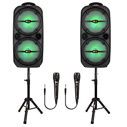 QFX PBX-8008SMC TWS Bluetooth Double 8” Woofers Rechargeable Portable Speakers with AC Adapter, 2 Stands, and 2 Microphones