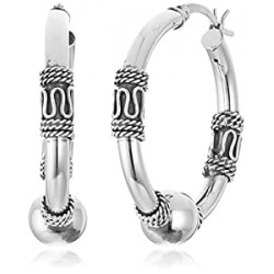 925 Sterling Silver 29mm Balinese Beaded Hoop Earrings for Women