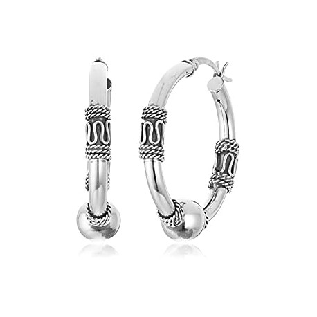 925 Sterling Silver 29mm Balinese Beaded Hoop Earrings for Women