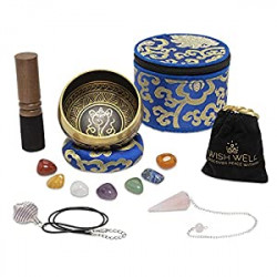 Tibetan Singing Bowl Set ~ 7 Chakra Crystal Stones and Rose Quartz Pendulum