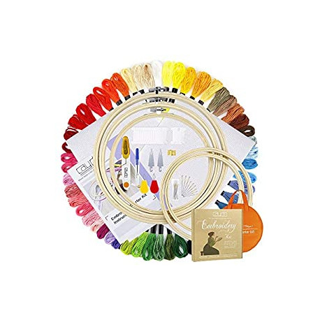 Embroidery Kit with Packing Bag Including Instructions, 5 Pcs Embroidery Hoops, 50 Color Threads