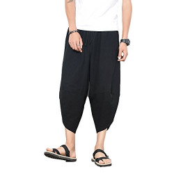 Mens Casual Elastic Waist Linen Capri