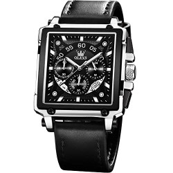 OLEVS Men's Leather Watch Square Multifunction Chronograph Quartz