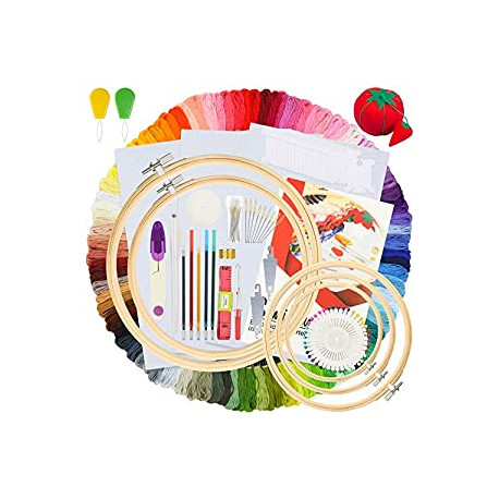 Kit 215 Pcs,100 Colors Threads,5 Pcs Embroidery Hoops,3 Pcs Aida Cloth,40 Sewing Pins