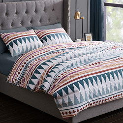 Bohemian Teal Blue Geometric Duvet Comforter Cover and Sham 3 pc. Full/Queen Size