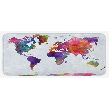 Geography Print, Plush Decorative Kitchen Mat with Non Slip Backing, 47" X 19", Gray Purple