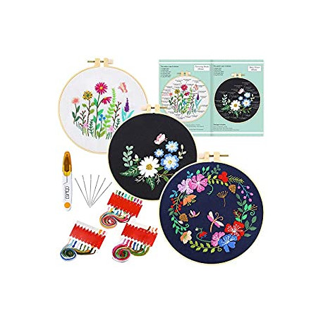 3 Sets Embroidery Starter Kit with Pattern and Instructions