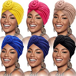 6 Pieces Women African Turban Flower Knot Pre-Tied Bonnet Beanie Cap Headwrap