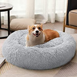 Round Dog Cat Bed Donut Cuddler, Faux Fur Plush Pet Cushion for Large