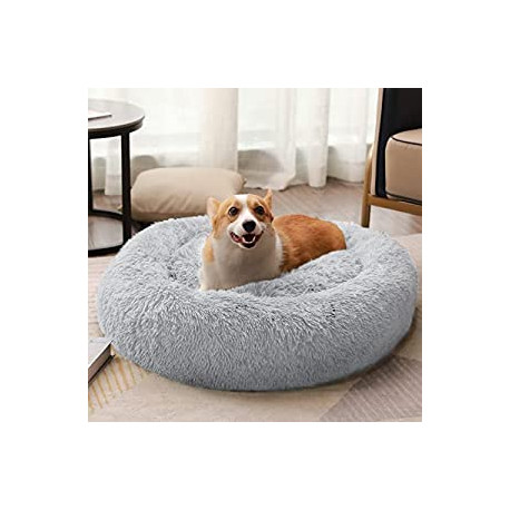 Round Dog Cat Bed Donut Cuddler, Faux Fur Plush Pet Cushion for Large